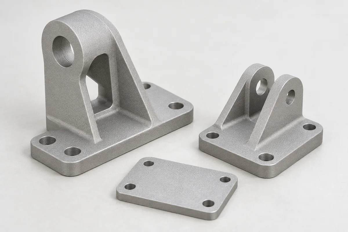 AI-generated photorealistic illustration of bead blasting / sandblasting surface appearance; not an actual material sample, finish standard or Omita project.