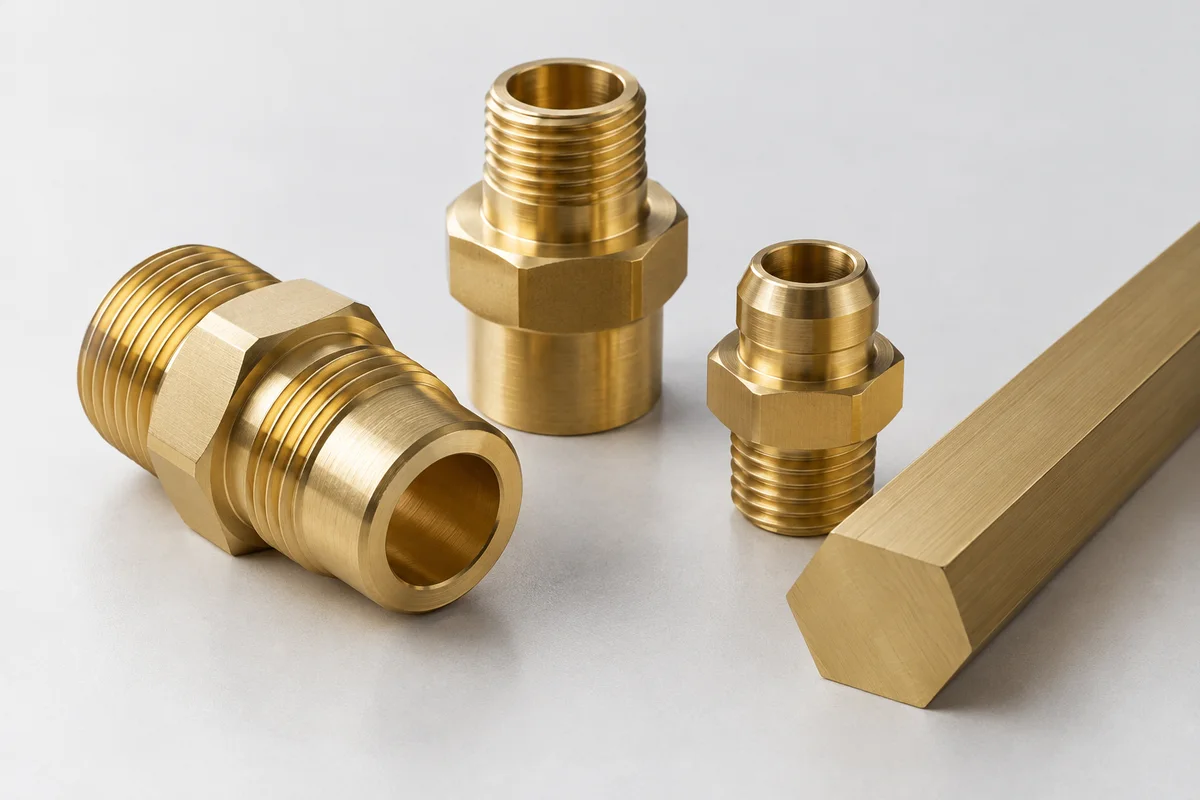 AI-generated photorealistic illustration of brass components; not an actual material sample, finish standard or Omita project.