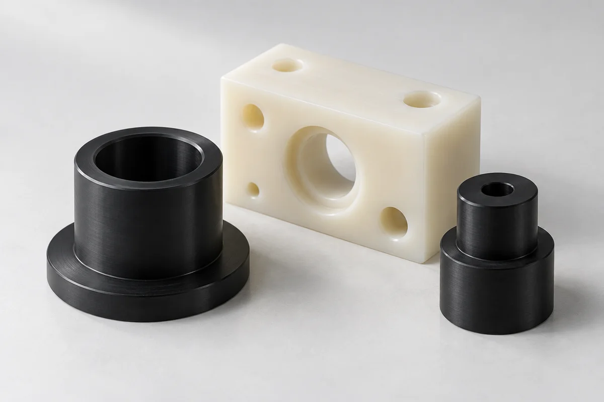 AI-generated photorealistic illustration of engineering plastics components; not an actual material sample, finish standard or Omita project.
