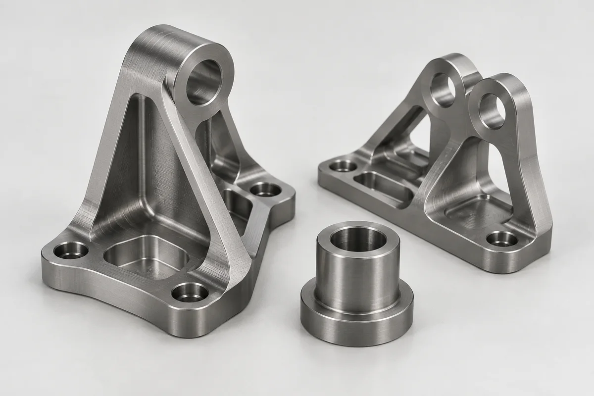 AI-generated photorealistic illustration of titanium components; not an actual material sample, finish standard or Omita project.