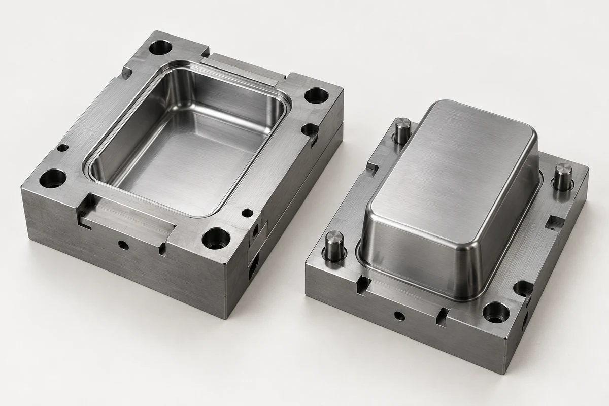 Existing AI-generated concept of mold cavity and core inserts; not Omita tooling or a validated design.